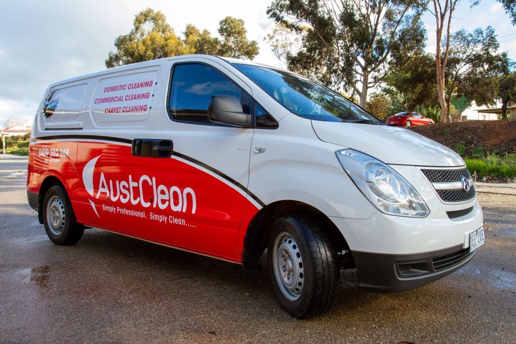 Robinvale Cleaning Services 21 AustClean Robinvale cleaning van – white service vehicle with red AustClean branding, promoting domestic, commercial, and carpet cleaning solutions in Robinvale and Sunraysia.